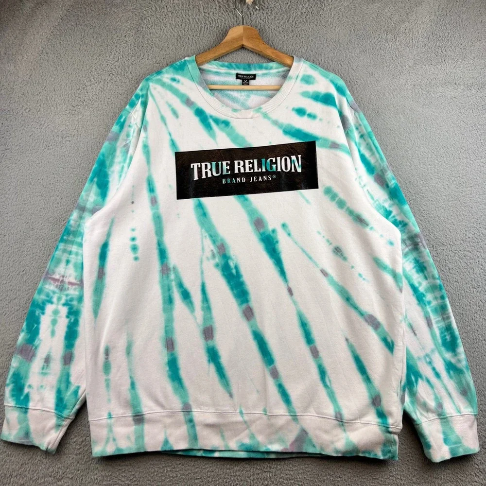True Religion Mens 3XL Tie Dye Box Logo Crewneck Sweatshirt Teal White Pullover